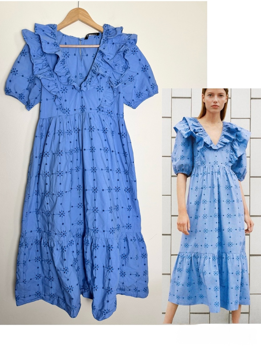 Zara Blue Eyelet Ruffle Midi Dress Size Medium